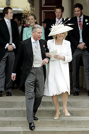 Leaving the Guildhall in Windsor after their civil wedding ceremony, Prince Charles and Camilla, Duchess of Cornwall, are followed by their children, from left, Tom Parker Bowles, Laura Parker Bowles, Prince Harry and Prince William, April 9, 2005.